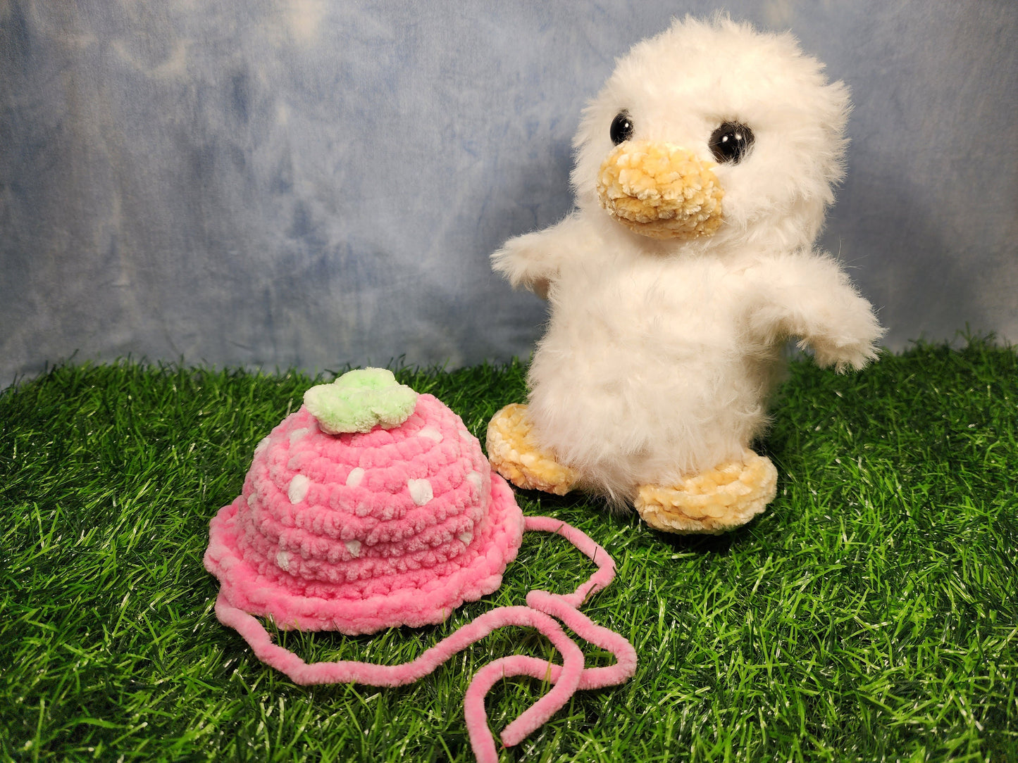 Crochet Duck Plushie with Strawberry Bucket Hat