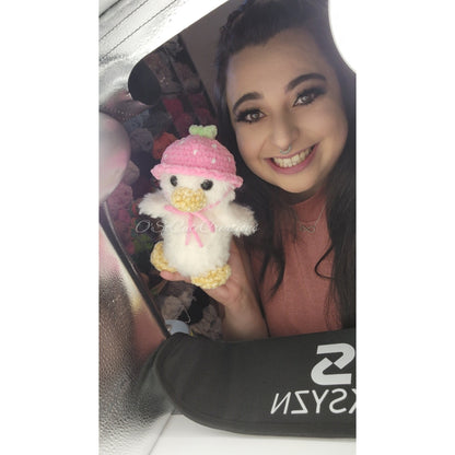 Crochet Duck Plushie with Strawberry Bucket Hat