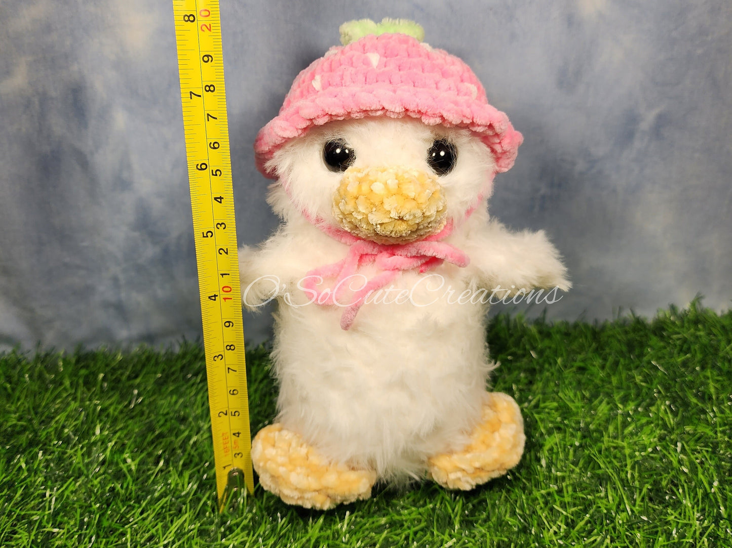 Crochet Duck Plushie with Strawberry Bucket Hat