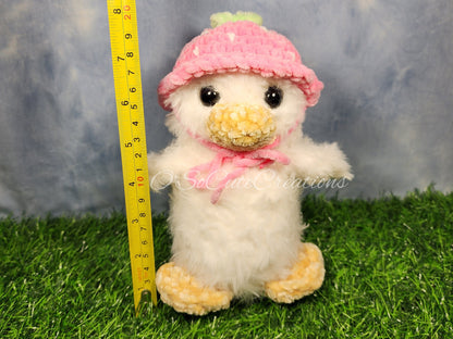 Crochet Duck Plushie with Strawberry Bucket Hat