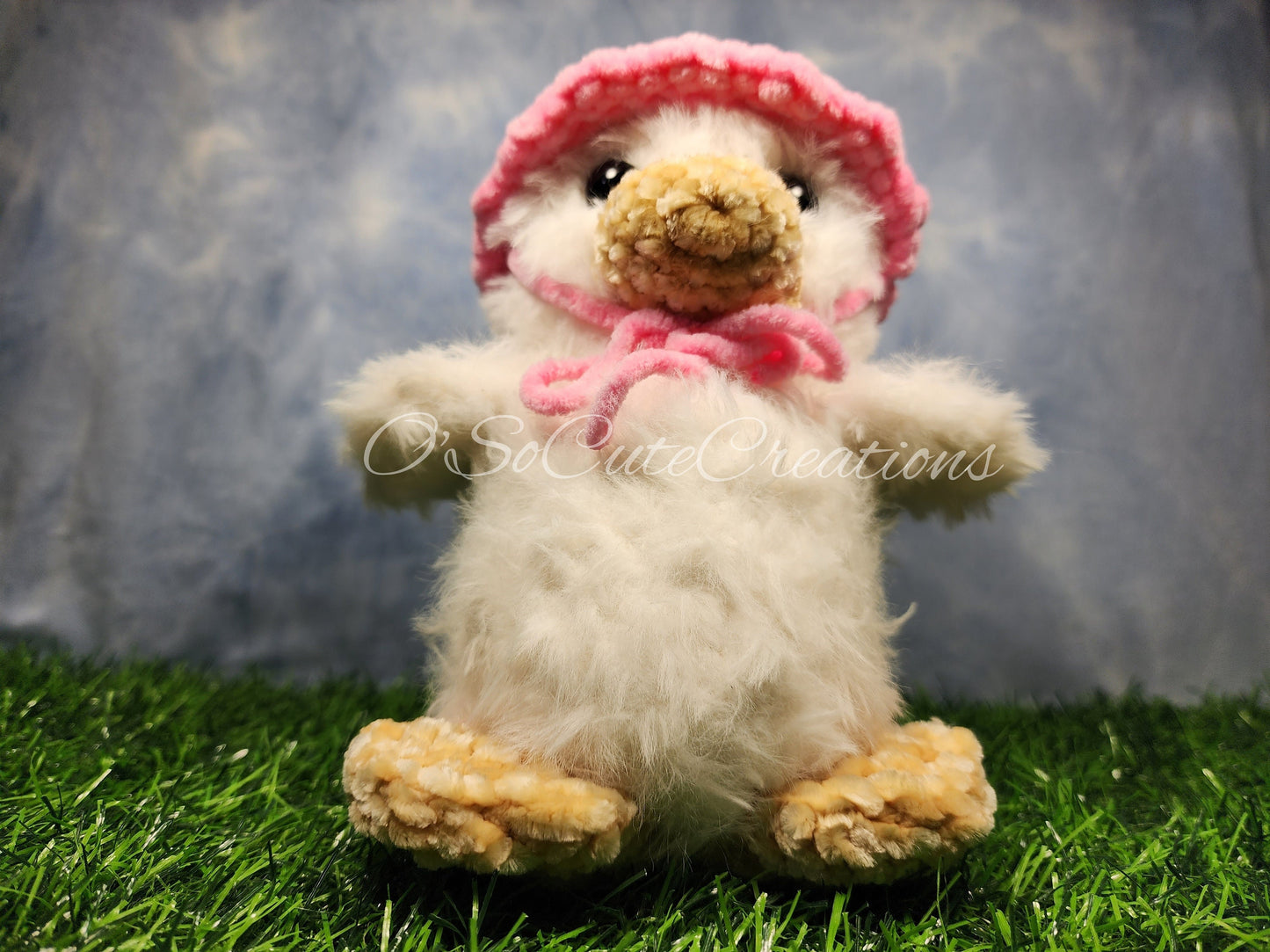 Crochet Duck Plushie with Strawberry Bucket Hat