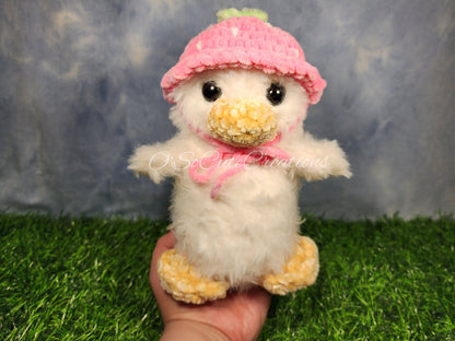 Crochet Duck Plushie with Strawberry Bucket Hat