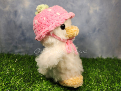 Crochet Duck Plushie with Strawberry Bucket Hat