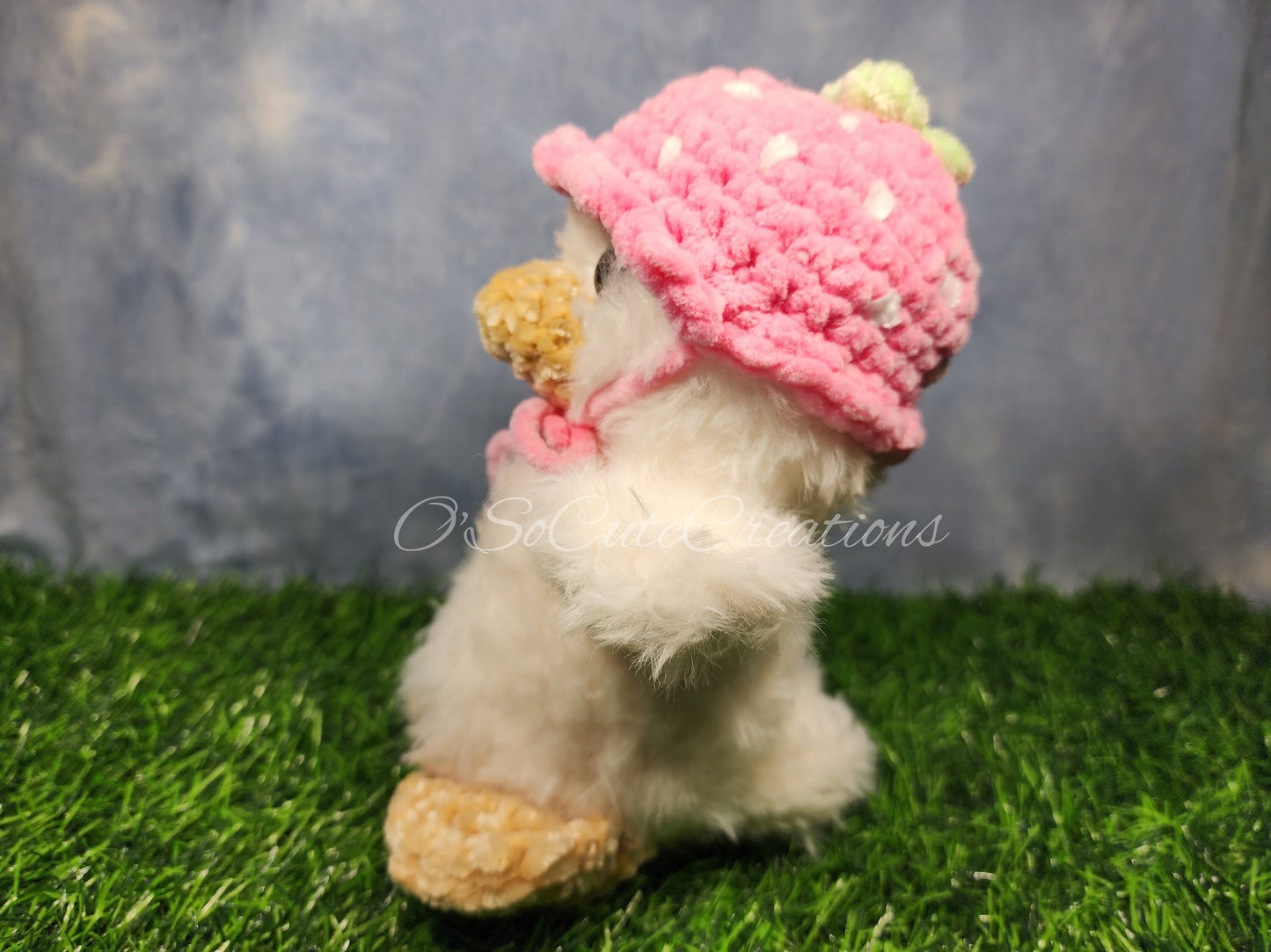 Crochet Duck Plushie with Strawberry Bucket Hat